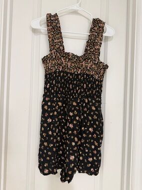 American Eagle-Black Floral Smocked Romper with Pink & Cream Flowers